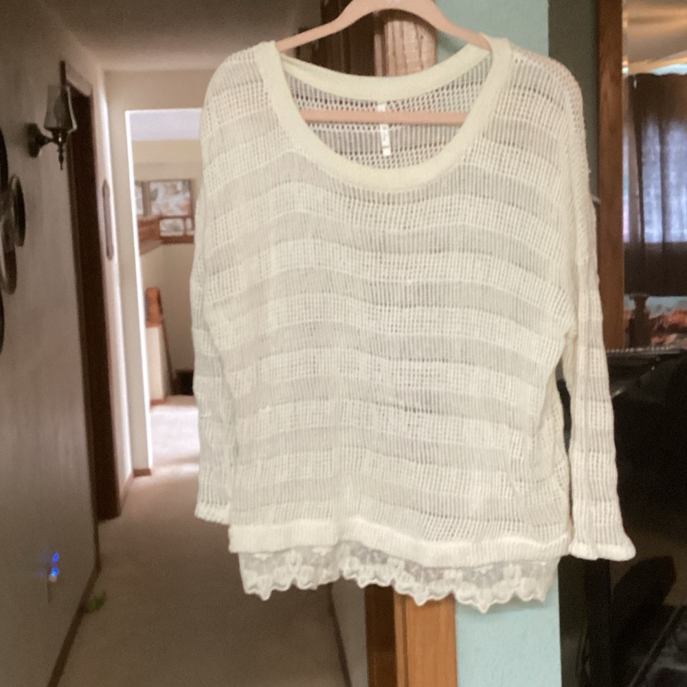 Cream Knit Sweater with Lace Hem
